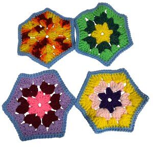 Handmade Multicolor Crochet Hexagon Coasters Set Of 4 With Blue Edging